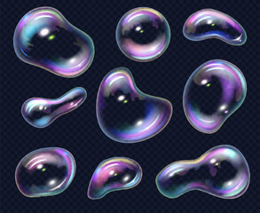 Foam bubbles. Transparent soap bubbles different shapes decent vector realistic set