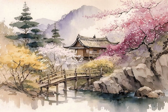 Beautiful Japanese garden with cherry blossoms. There are old bridge, traditional tea house and pond. Watercolor illustrations influenced by Japanese Nanga and Ukiyoe. Made with Generative AI
