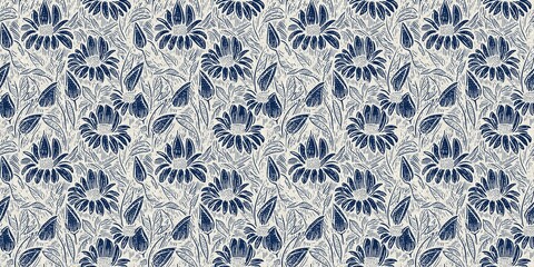 Masculine indigo floral blockprint linen seamless border. All over print of navy blue cotton effect flower linocut fabric banner.
