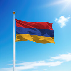 Waving flag of Armenia on flagpole with sky background.