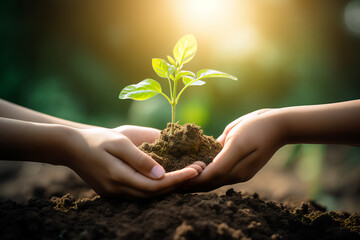 hand children holding young plant with sunlight on green nature background. concept eco earth day