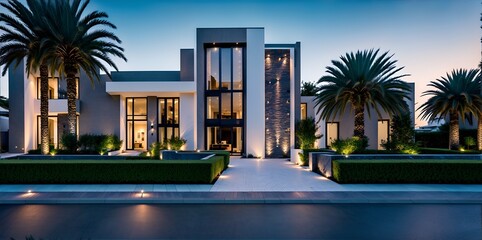 Photo of a modern house with beautiful palm trees in front - obrazy, fototapety, plakaty