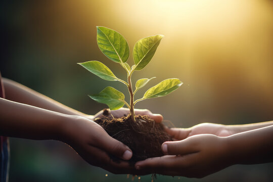 hand children holding young plant with sunlight on green nature background. concept eco earth day