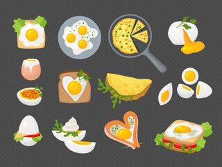 Eggs products. Omelette from organic natural healthy eggs homemade snacks boiled and fried culinary products recent vector cartoon eggs