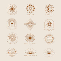 Sun logo. Badges or emblems with starburst linear trendy style recent vector sun decorative templates