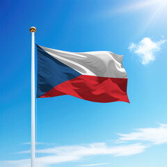 Fototapeta na wymiar Waving flag of Czechia on flagpole with sky background.