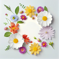 Floral frame made of flowers in pastel colors and on an isolated light background. Generative AI