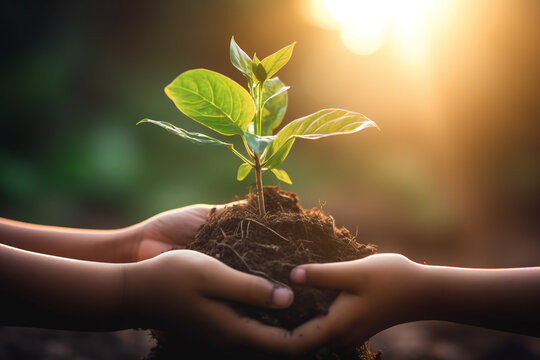 hand children holding young plant with sunlight on green nature background. concept eco earth day