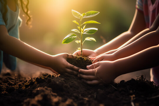 hand children holding young plant with sunlight on green nature background. concept eco earth day