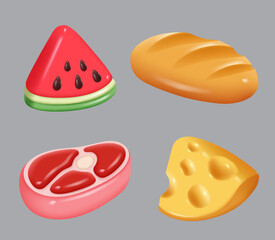 Fototapeta premium Food. Plasticine grocery products stylized illustrations natural food fish meat drinks decent vector pictures set