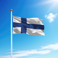 Obraz premium Waving flag of Finland on flagpole with sky background.