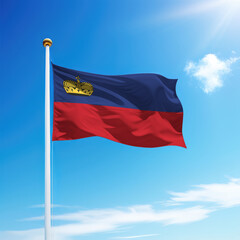 Fototapeta na wymiar Waving flag of Liechtenstein on flagpole with sky background.