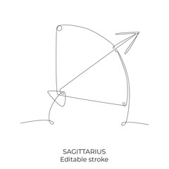 Sagittarius zodiac constellation one single hand drawing continues line. Vector stock illustration isolated on white background. Editable stroke line.