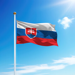 Waving flag of Slovakia on flagpole with sky background.