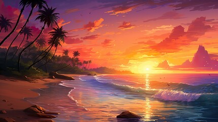 Tropical Tranquility: Beautiful Drawing of Sunset Over Beach made with Generative AI