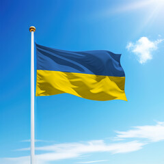 Waving flag of Ukraine on flagpole with sky background.