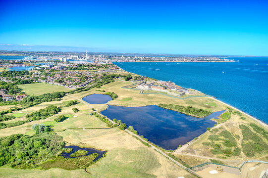 Gilkicker Lagoon and Gosport and Stokes Bay Golf Course towards the entrance to  Portsmouth harbour, Aerial photo.