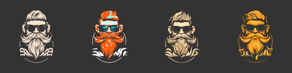Bearded man face set on a black background. Biker face icon with beard and glasses. Vector illustration. - obrazy, fototapety, plakaty