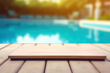 Wooden board as product shot mock-up template at swimming pool (Generative AI)