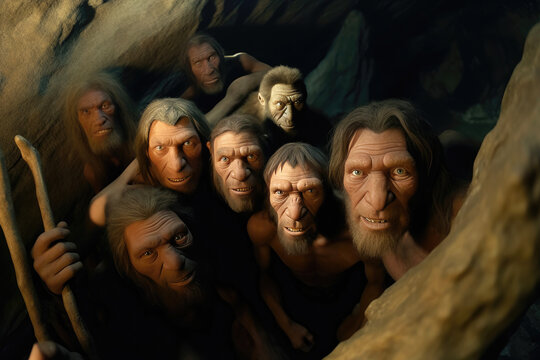 Group of neanderthals in cave taking selife portrait