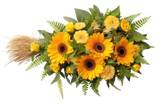 Funeral bouquet garland flower arrangement mix, transparent background (PNG). Generative AI. 
