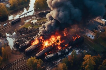 Aerial View of a Cargo Train Derailment and Fire. AI