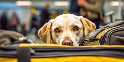 Horizontal view of a dog for drug detection at the airport on the floor, blurred people background.