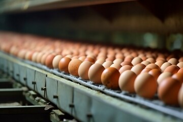 Chicken Eggs Moving Along Conveyor in a Poultry Farm: Farming, Agriculture, Factory, Food Industry. AI