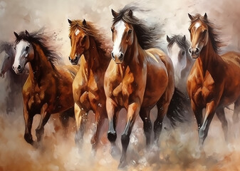 An oil painting depicts a group of wild horses galloping. Animal painting collection for decoration, wallpaper, and interior.
