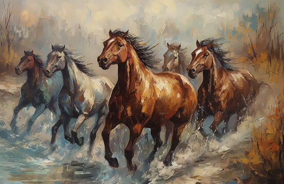 Oil painting of a herd of galloping wild horses. Animal painting collection for decoration, wallpaper, and interior.