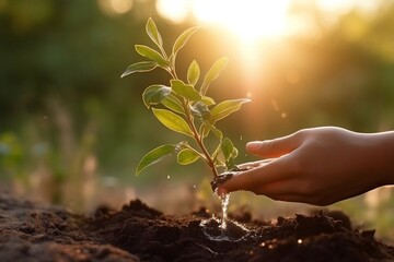 Close-Up: Hand Holding Water, Nurturing Young Tree in Park at Sunset. AI