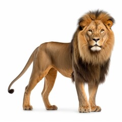 Majestic lion standing in front of a plain white background created with generative ai technology