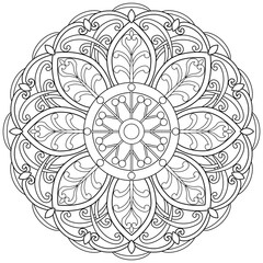 Colouring page, hand drawn, vector. Mandala 203, ethnic, swirl pattern, object isolated on white background.