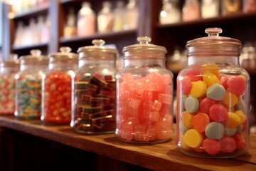 Fototapeta na wymiar Candy Store Displaying Jars of Colorful Candies. AI
