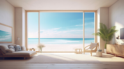 Obraz na płótnie Canvas bright interior of a livingroom with a large window and a view of the sea and the beach. Generative AI