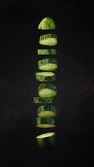 sliced cucumber flying vertically on a soft dark background with a spot of light.  moody art photo with copy space