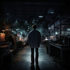 A man stands in dark lab at night, rear view. AI generated image