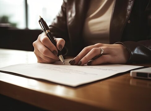 Close up of female job candidate hold pen put signature on official document in office, woman worker or applicant sign contract, close deal Created with Generative AI technology.
