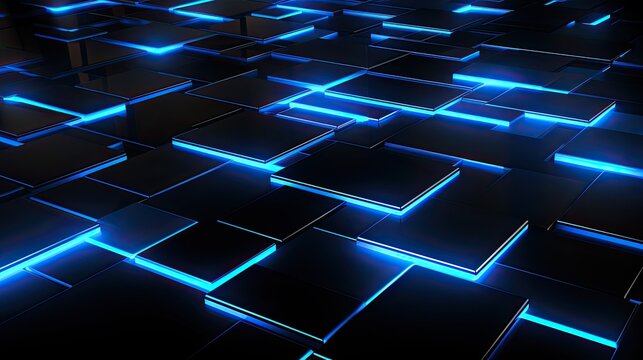 Abstract digital background,  structure of square blocks with blue neon illumination. AI generated image