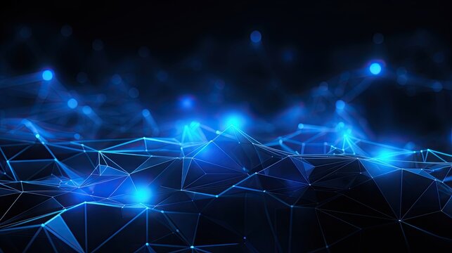 Abstract digital background, blue wireframe 3d mesh structure with glowing nodes. AI generated image