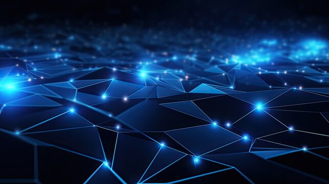 Abstract high-tech background, blue 3d wireframe mesh structure with glowing nodes. AI generated image