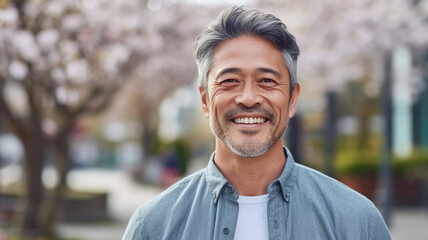 Senior Asian man smiling at the camera outdoors. Close-up portrait of a laughing handsome Asian man in the city. Middle aged man walking in a city.  AI Generated