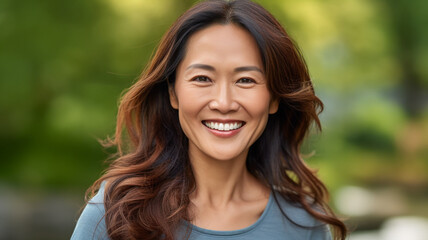 Asian woman smiling at the camera outdoors. Close-up portrait of a cheerful handsome asian woman in the city. Middle aged delighted woman standing in a city.  AI Generated