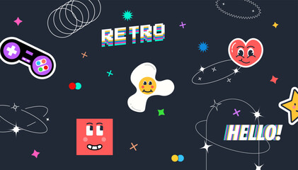 Obraz premium Retro 70s, 80s, 90s hippie stickers and background, psychedelic acid elements. Abstract cover with vintage pixel text. Vector illustration