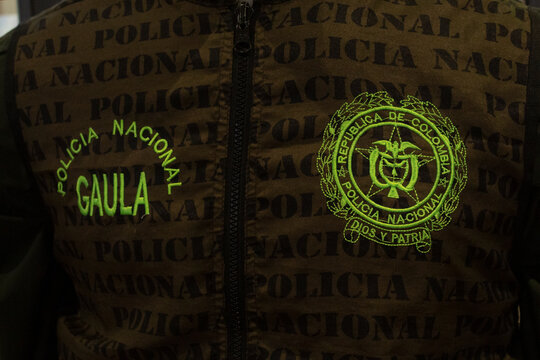 BOGOTA, COLOMBIA Closeup to a jacket of GAULA special antikidnapping and extortion colombian police unit