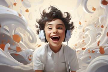 Cheerful yoga young boy in white dress with headphones smiling and jumping while listening to music against light heaven background, photorealistic fantasies, AI Generative