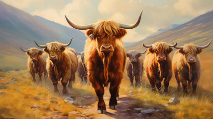northern shaggy cows bulls texture background herd group of farm animals. Generative AI - obrazy, fototapety, plakaty
