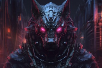 Detailed Portrait of a Scary Cyberpunk Wolf. AI