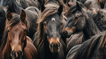 herd of horses close-up, many heads of horses background. Generative AI