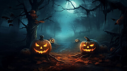 Naklejka premium halloween background mysterious forest with pumpkins burning eyes. Generative AI
